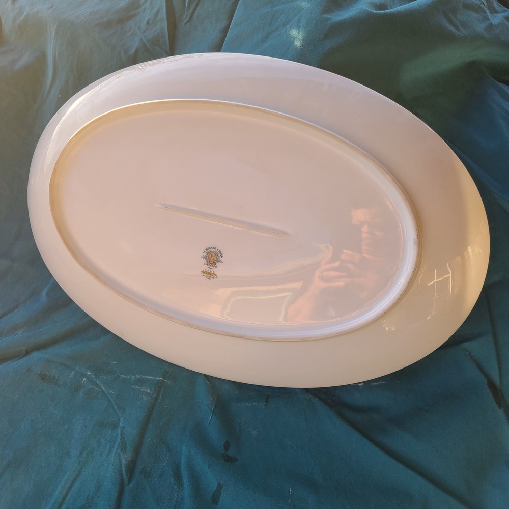 Noritake Margot 5605 16in Oval Platter White Pink Rose MCM Platinum Trim Bone Ch - Picture 2 of 5